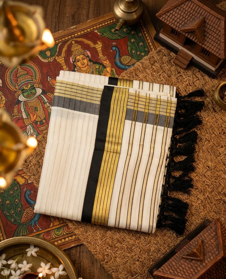 Traditional Kerala Set Saree with Gold and Black Zari Border
