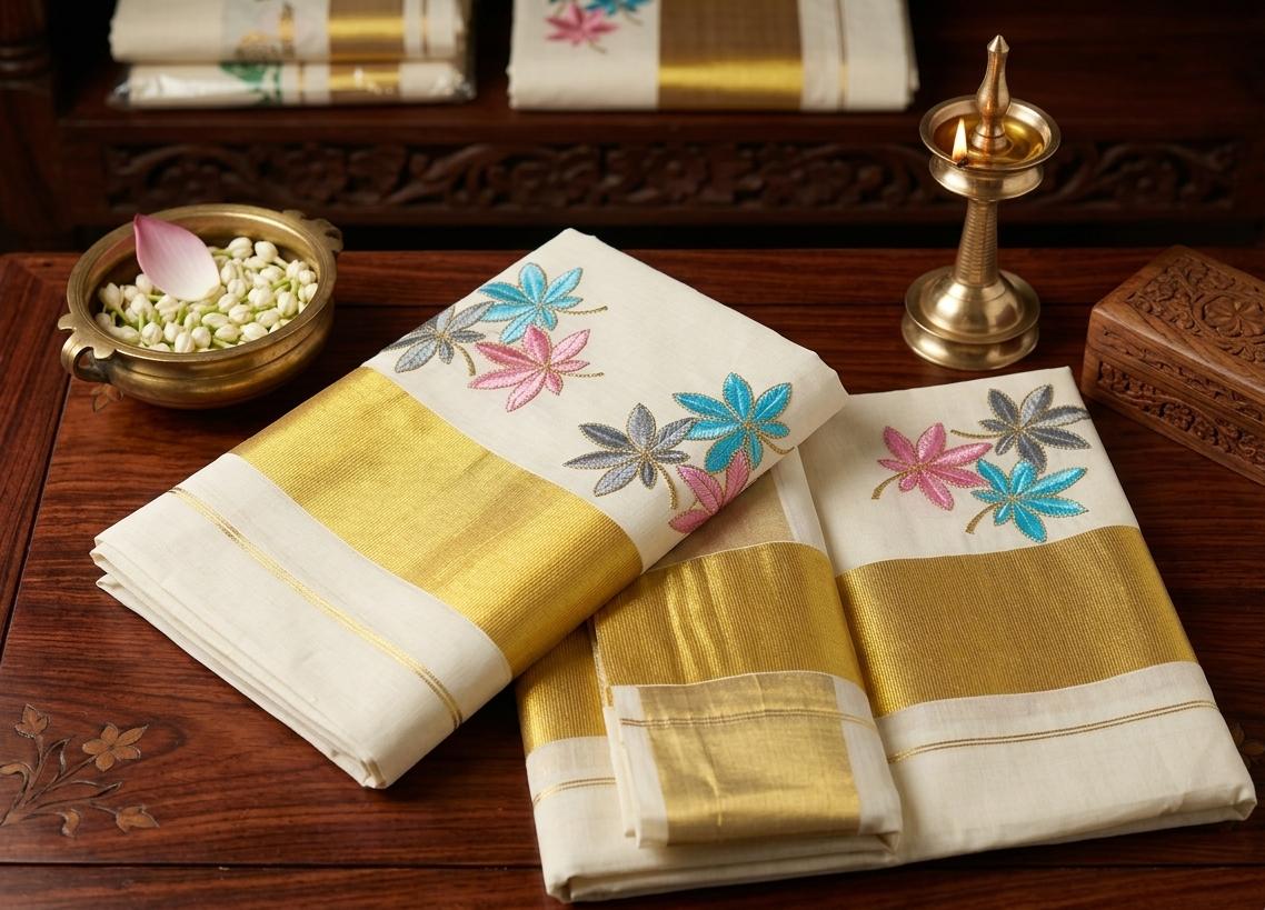 Exquisite Kuthampully Set Mundu with Floral Leaf Embroidery