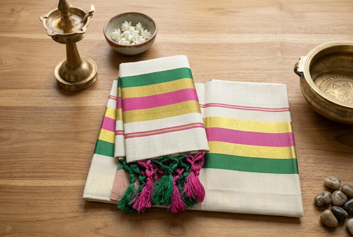 Artisanal Kuthampully Handloom Set Mundu with Multi-Color Border