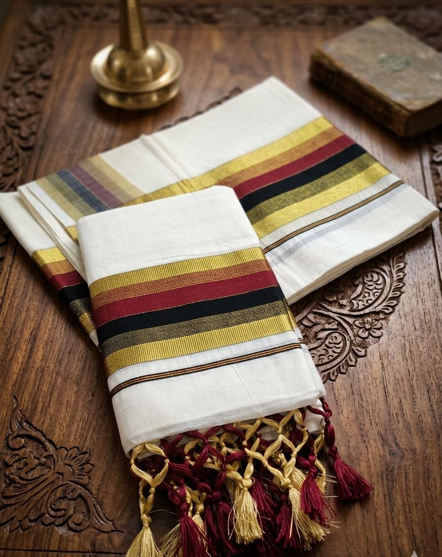 Traditional Kuthampully Set Mundu with Multi-Colored Border