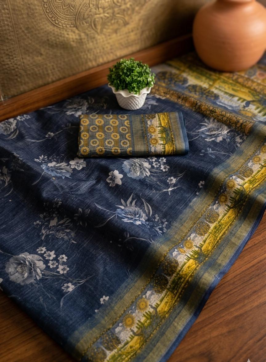 Floral Digital Print Saree in Deep Indigo