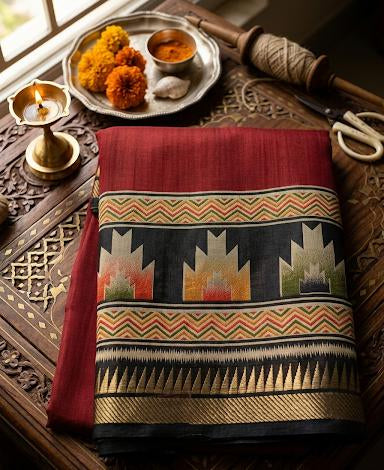 Sophisticated Soft Silk Saree with Geometric Temple Border