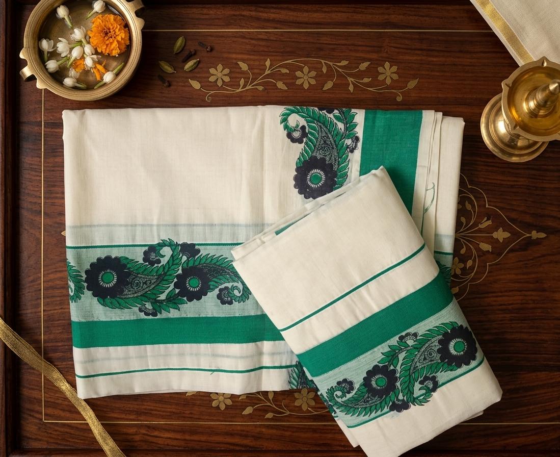 Classic Kuthampully Set Mundu with Emerald Floral Embroidery