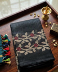 Artisanal Black Cotton Saree with Floral Jamdani Weave