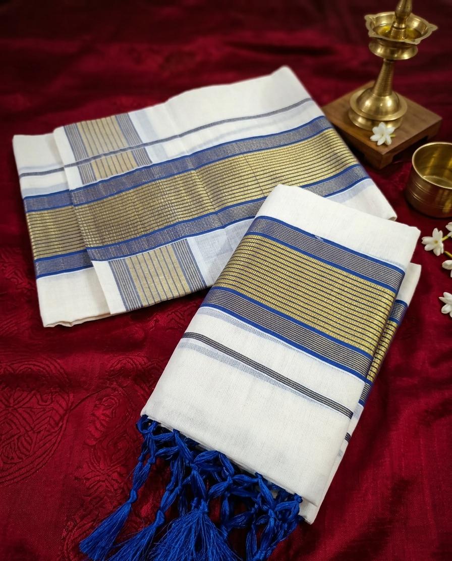 Traditional Kuthampully Set Mundu with Blue and Gold Zari Border